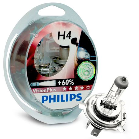 Philips, 2шт, Галогенная лампа, VisionPlus H4, Блистер