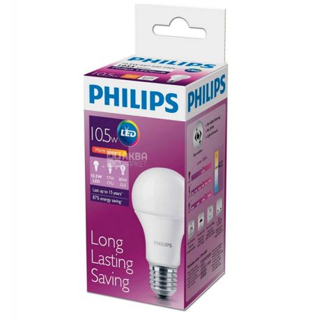 Philips, 10,5 Вт, Е27, Лампочка Світлодіодна, LEDBulb, 3000K (холодне світло), A60, Матова