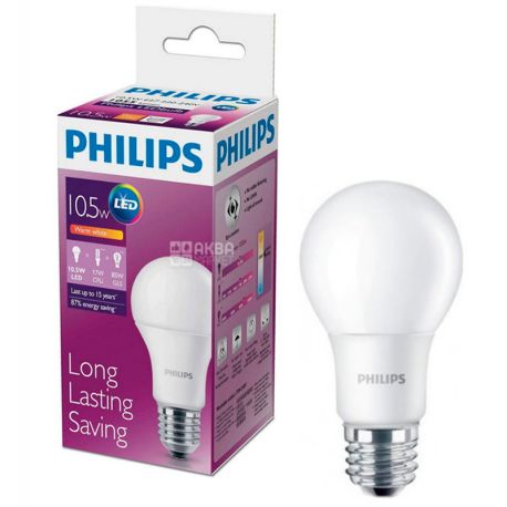 Philips, 10,5 Вт, E27, Лампочка Светодиодная, LEDBulb, 3000K (холодный свет), A60, Матовая