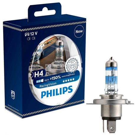 Philips, 2 шт., Галогенні лампи, Racing Vision H4 + 150%, Блистер