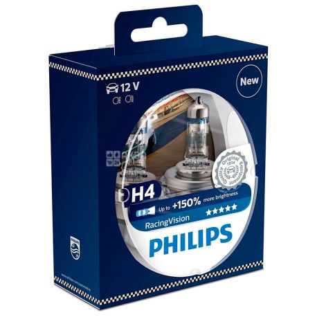 Philips, 2 шт., Галогенная лампа, Racing Vision H4 + 150%, Блистер