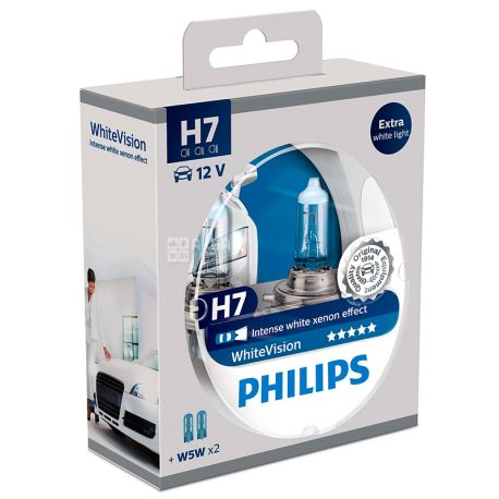 Philips, 2 шт., Галогенная лампа, WhiteVision H7,3700К, Блистер