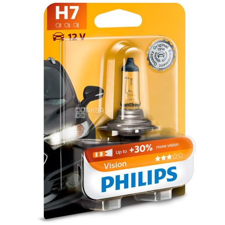 Philips, 1 шт., Галогенні лампи, Vision H7, Блістер
