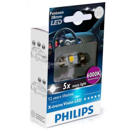 Philips, 1 pc, LED lamp, Festoon Blue Vision, T10.5x38, 6000K