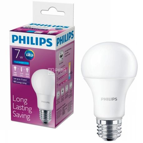 Philips, LED Bulb, Лампа світлодіодна, цоколь E27, 7W, 6500К, 230V, холодне біле світіння, 600 Lm
