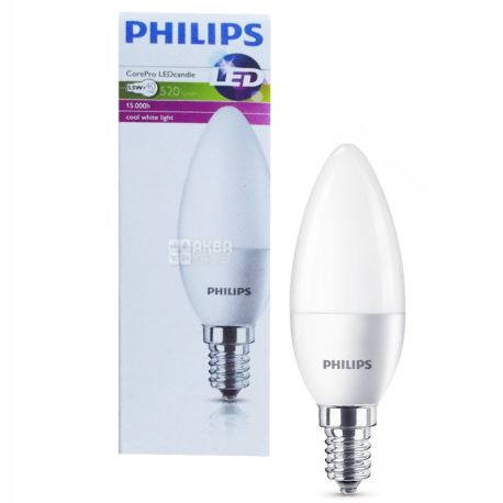 Philips, LED CorePro candle, Лампа светодиодная Свеча, цоколь E14, 5,5 W, 4000К, 230V, нейтральное белое свечение, 520 Lm