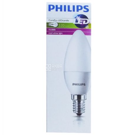 Philips, LED CorePro candle, LED Candle lamp, E14 base, 5,5 W, 4000K, 230V, neutral cold glow, 520 Lm