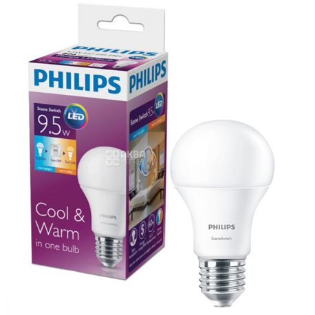 Philips, 9,5 Вт, E27, Лампа Светодиодная, Scene Switch, 3000K и 6500K (холодный и теплый свет), A60, Матовая