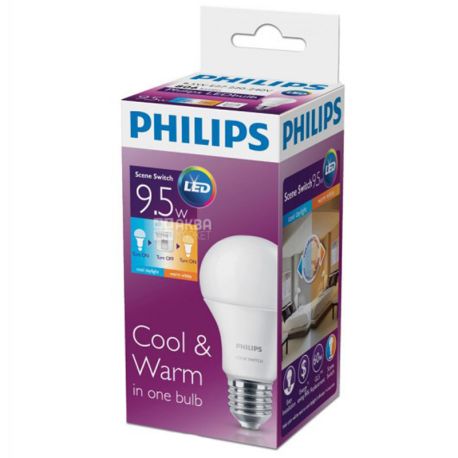 Philips, 9,5 Вт, E27, Лампа Светодиодная, Scene Switch, 3000K и 6500K (холодный и теплый свет), A60, Матовая