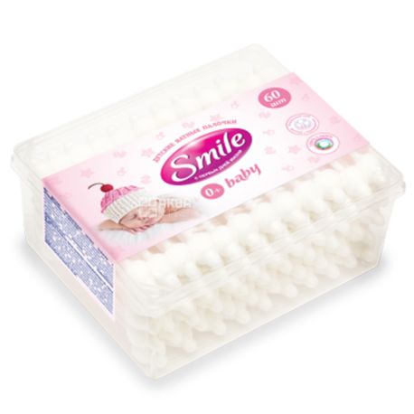 Smile, 60 pcs., Hygienic cotton swabs with a limiter, For children, In a plastic container
