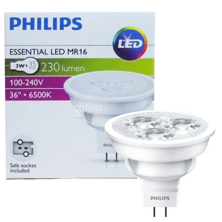 Philips, 1 шт., 3-35 Вт, Лампочка Світлодіодна, 6500К (холодне біле світло), MR16, 36D, 830