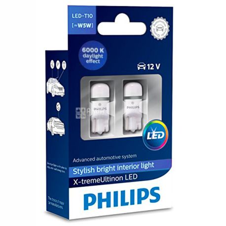 Philips, 2 шт., Лампа светодиодная, W5W X-tremeUltinon, 6000K