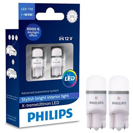 Philips, 2 шт., Лампа светодиодная, W5W X-tremeUltinon, 6000K