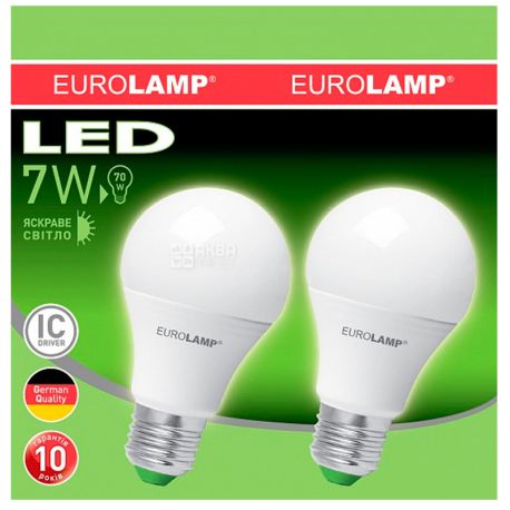 EUROLAMP, 1 + 1 pcs., 7 W, E27, LED Light Bulb, ECO, 4000K (cold white light), A50