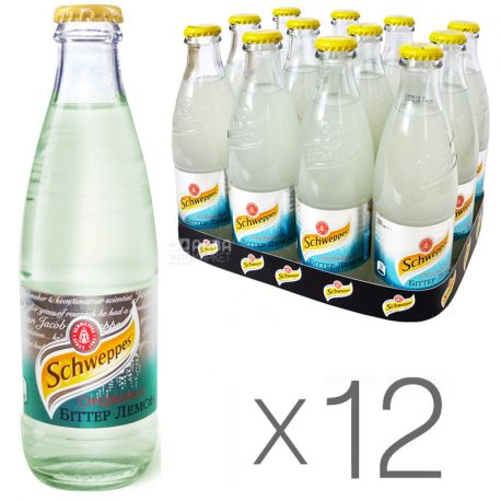 Schweppes, Bitter Lemon, Упаковка 12 шт. по 0,25 л, Швепс, Оріджінал Біттер Лимон, Вода солодка, з соком, скло