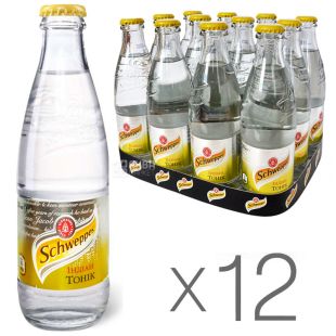 Schweppes Indian Tonic, Упаковка 12 шт. х 0,25 л, Напиток газированный Индиан Тоник с экстрактом трав Швепс, стекло