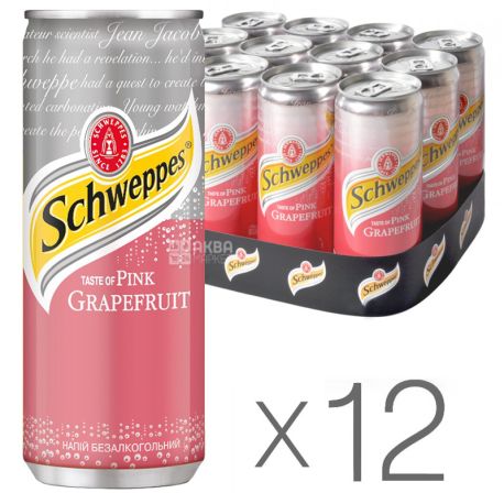 Schweppes, Pink Grapefruit, Упаковка 12 шт. по 0,33 л, Швепс, Розовый Грейпфрут, Вода сладкая, ж/б