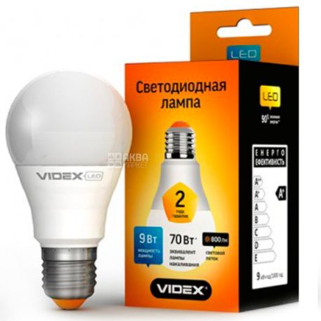 VIDEX LED, Лампа светодиодная, цоколь E27, 9 W, 3000К, 220V, теплое белое свечение, 850 Lm