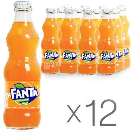 Fanta, Апельсин, Упаковка 12 шт. по 0,25 л, Фанта, Вода сладкая, с натуральным соком, стекло