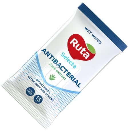 Ruta Selecta Antibacterial, 15 шт., Салфетки влажные Рута Селекта Антибактериальные, с экстрактом алоэ, для ухода за кожей