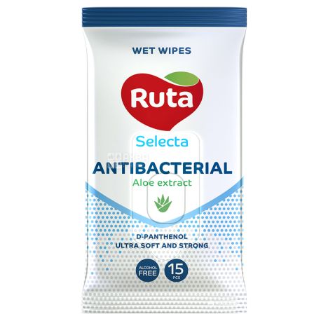 Ruta Selecta Antibacterial, 15 шт., Салфетки влажные Рута Селекта Антибактериальные, с экстрактом алоэ, для ухода за кожей