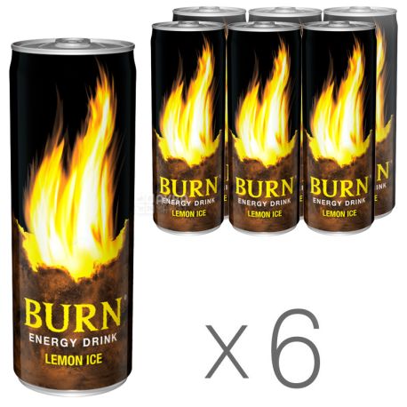Burn Lemon Ice, упаковка 6 шт. по 0,25 л, Напиток энергетический Бёрн Лимон Айс
