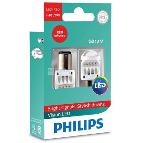 Philips, 2 pcs., LED Lamp, P21 / 5W RED 12 / 24V, Blister