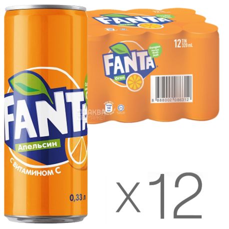 Fanta, Апельсин, Упаковка 12 шт. по 0,33 л, Фанта, Вода сладкая, с натуральным соком, ж/б