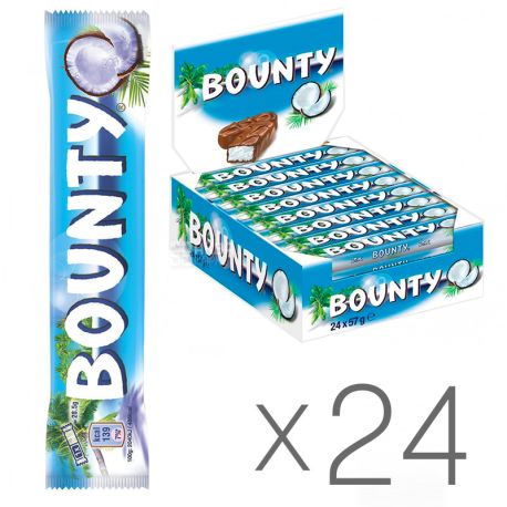Bounty, Упаковка 24 шт. по 57 г, Шоколадные батончики