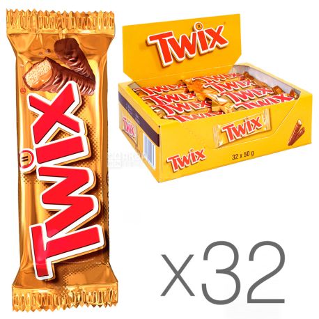 Twix, Упаковка 32 шт. по 50 г, Шоколадные батончики