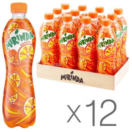 Mirinda, Orange, Упаковка 12 шт. по 0,5 л, Миринда, Апельсин, Вода сладкая, ПЭТ