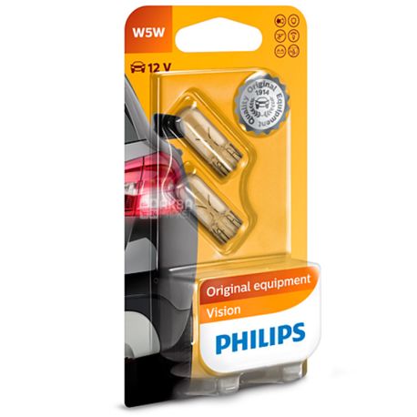 Philips, 2 шт., 5 Вт, Лампа накаливания, Vision, 2700K, W5W, 12V