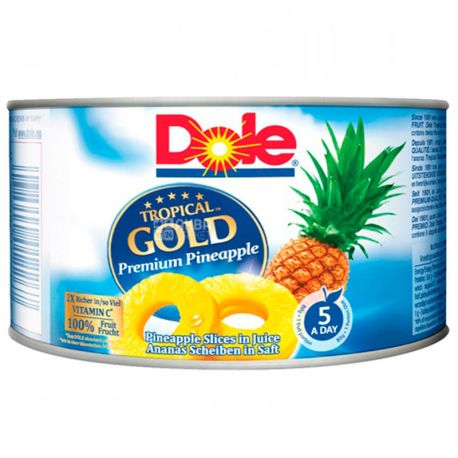 Dole Tropical Gold, 227 г, Cлайсы ананаса, в собственном соку, ж/б
