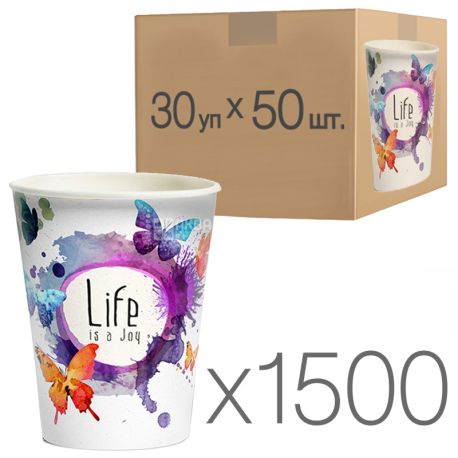 Стакан бумажный с рисунком Бабочки 250 мл, 50 шт., 30 упаковок, D80
