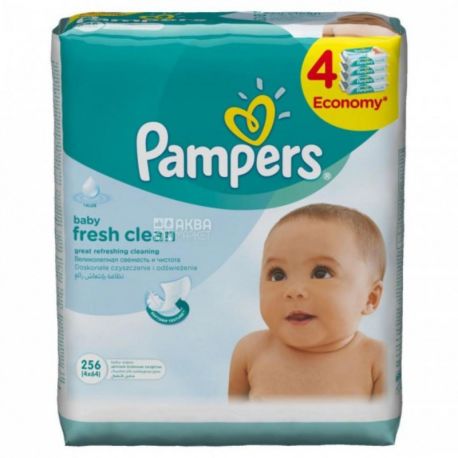 Pampers, Fresh Clean, 4 упаковки по 64 шт., Вологі серветки дитячі