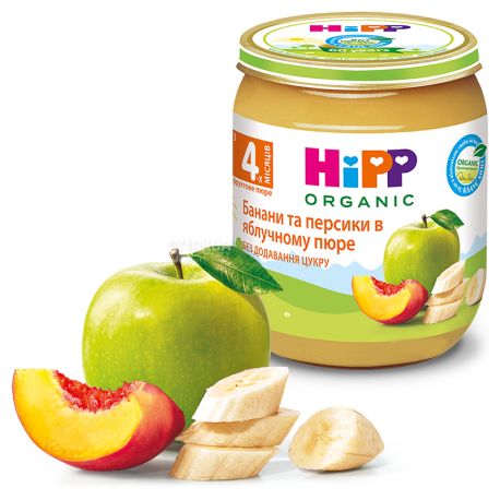 HiPP, 125 г, Фруктове пюре, Яблука з персиками і бананами, З 4-х місяців