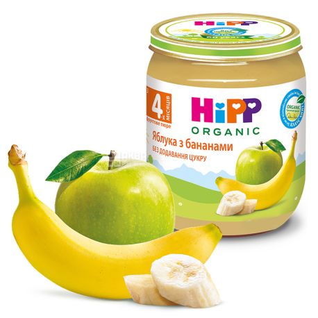 HiPP, 125 г, Фруктове пюре, Яблука з бананами, З 4-х місяців