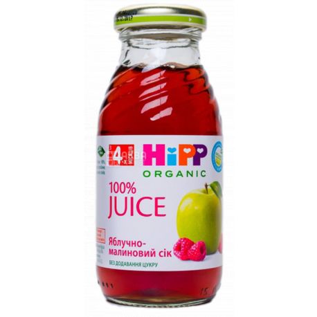 HiPP, Apple-Raspberry, 200 мл, Хіпп, Сік Яблучно-малиновий, з 4 місяців, без додавання цукру, скло