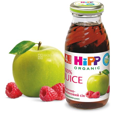 HiPP, Apple-Raspberry, 200 мл, Хіпп, Сік Яблучно-малиновий, з 4 місяців, без додавання цукру, скло