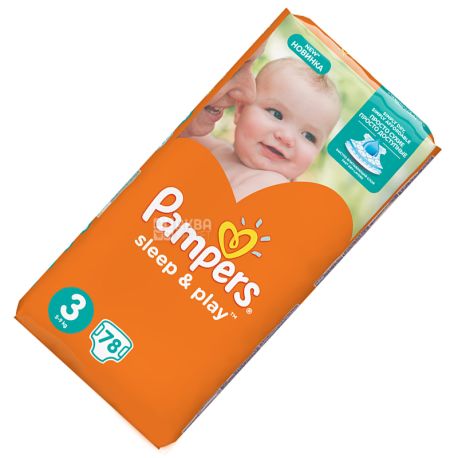 Pampers Sleep & Play Midi, Jumbo Pack, 78 шт., Памперс, Підгузки-трусики, Розмір 3, 5-9 кг