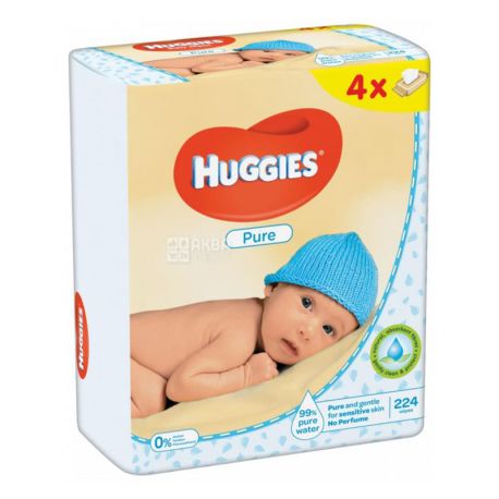 Huggies Pure Quad, 224 шт., Серветки вологі Хаггіс Пьюр Куад, Дитячі, для догляду за шкірою