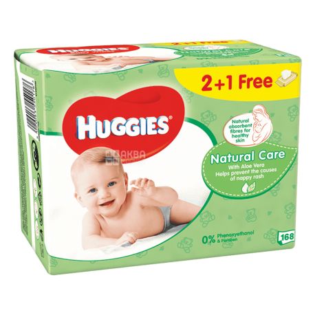 Huggies Natural Care, 168 шт., Хаггіс, Вологi серветки для дітей, без клапана
