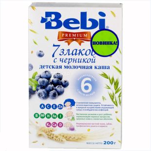 Bebi, 200 г, Premium, Молочна каша 7 злаків, З чорницею, З 6 місяців