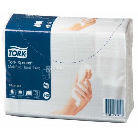 Tork Xpress,190 листов, Полотенца бумажные Торк, 2-х слойные, белые, 23х21 см