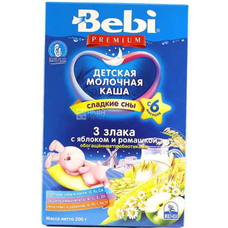 Bebi Premium, 200 г, С 6-ти месяцев, Каша молочная, 3 злака с яблоком и ромашкой 