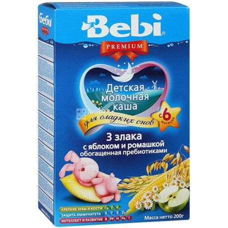 Bebi Premium, 200 г, С 6-ти месяцев, Каша молочная, 3 злака с яблоком и ромашкой 