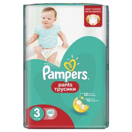 Pampers, 60 шт., Памперс, Подгузники-трусики, Размер 3, 6-11 кг