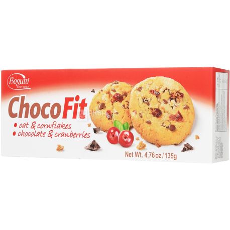 Bogutti, 135 г, Печиво, Choco Fit, З шоколадними крихтами та журавлиною