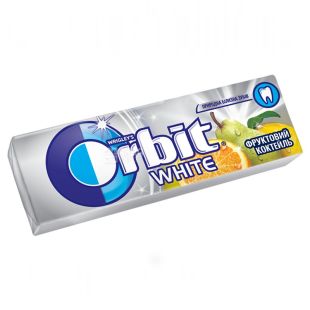 Orbit White, 14г, Орбіт, Жувальна гумка, Фруктовий коктейль, природна білизна зубів