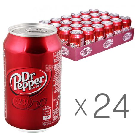 Dr Pepper, Упаковка 24 шт. по 0,33 л, Доктор Пеппер, 23 вкуса, Вода сладкая, ж/б